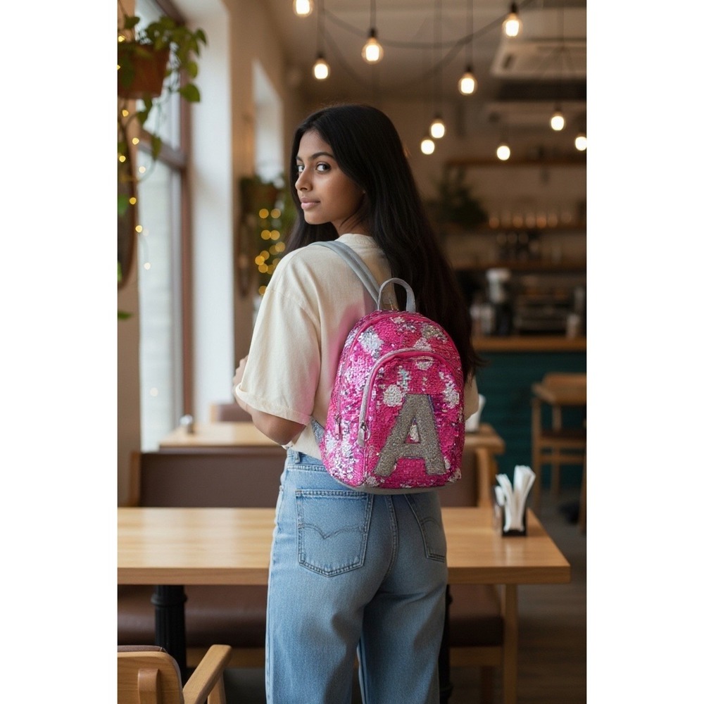 Justice Backpack Pink Sequined With Fob EUC